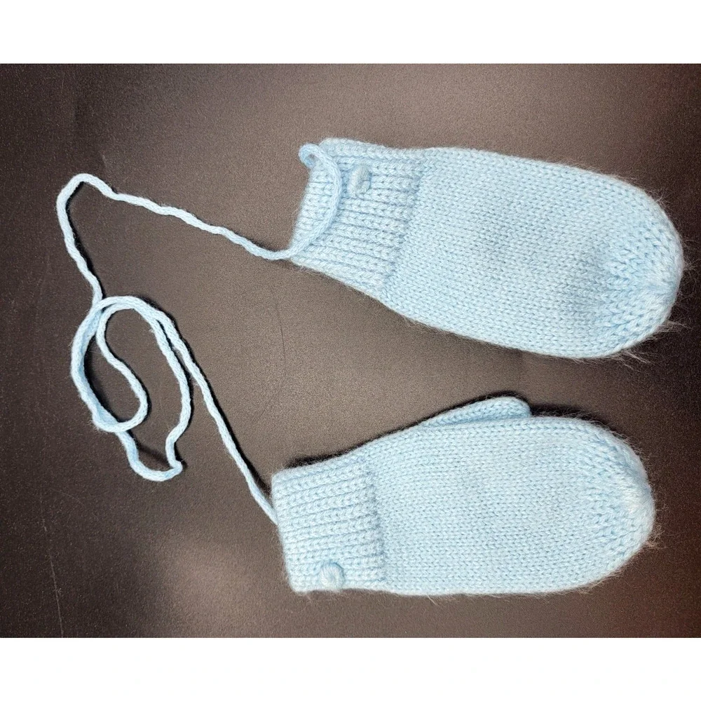 Vintage 80s Infant Blue Knit Mittens Keeper String One Size YK